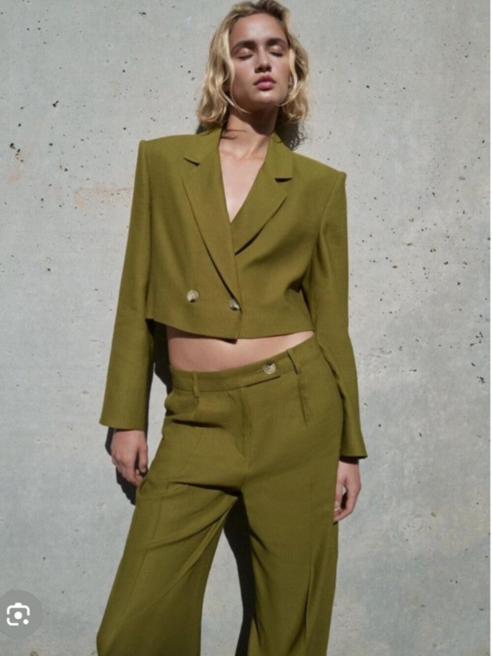 New Zara Linen Blend Cropped Double Breasted Khaki Blazer/Suit Jacket XL NWT